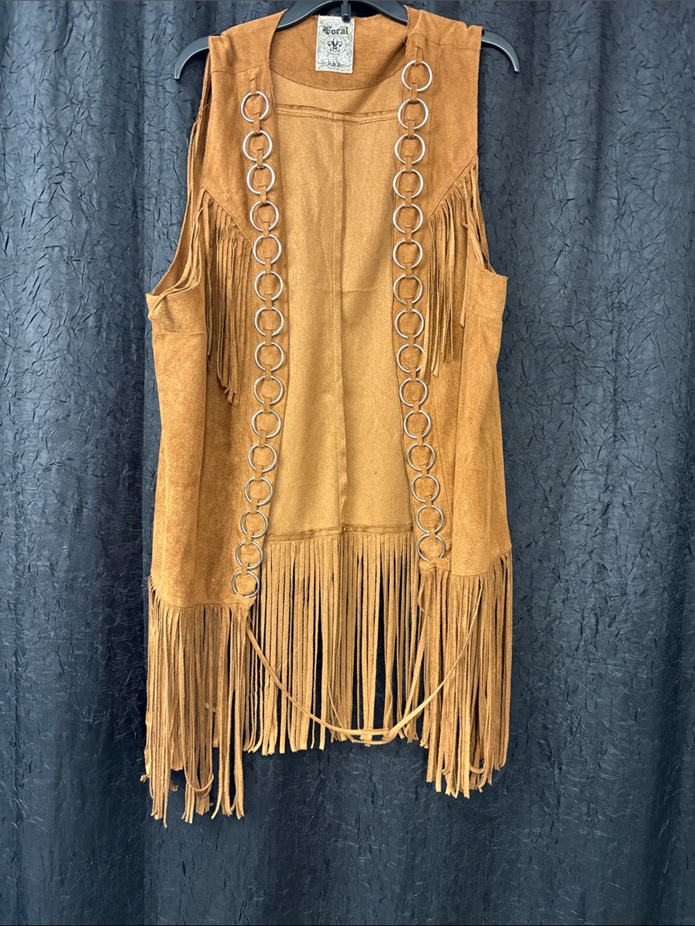Vocal Tan Suede Fringe Vest with Metal Ring Trim